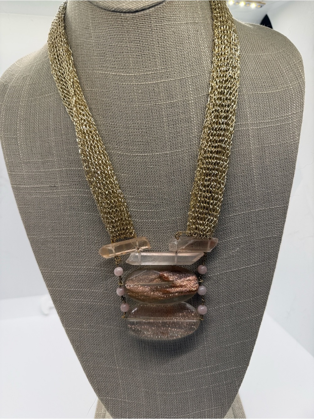 Anthropologie Serafina Statement Necklace Gold Multi-Strand Quartz Stone Boho